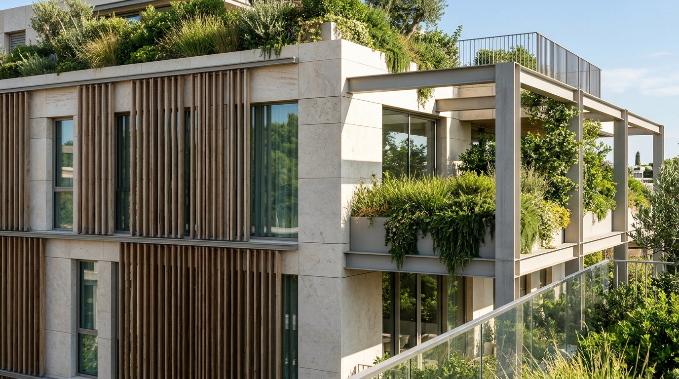 Sustainable commercial building architecture with timber louvers and greenery